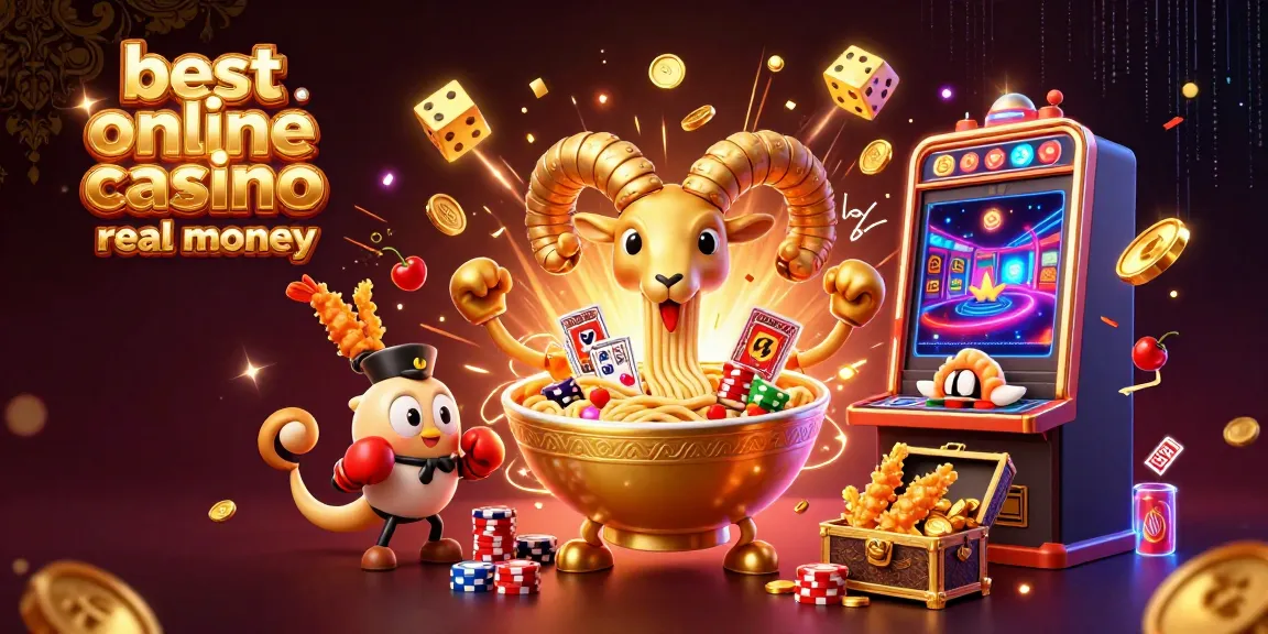 A lively scene with a giant golden ramen bowl and vibrant characters celebrating at the best online casino real money.