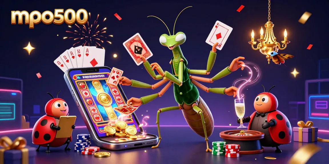 MPO500 players enjoy exciting slot games as the giant mantis card sharp and ladybug pit boss create an engaging casino scene.