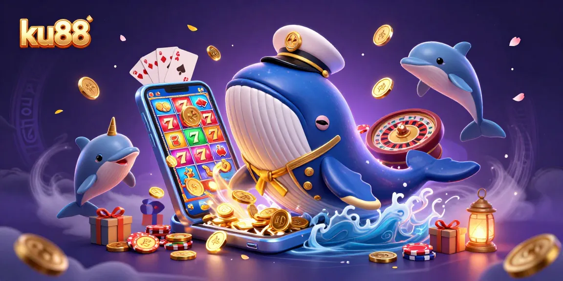 Engage with ku88's lively casino scene featuring a whale, narwhal, and dolphins amid slot game action.