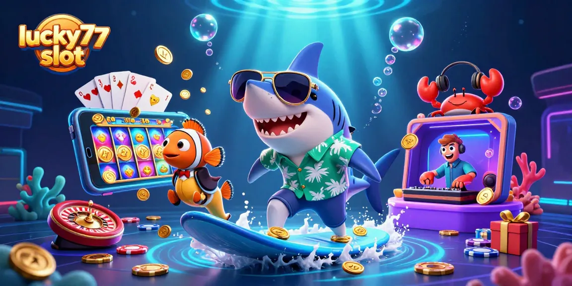 Experience the thrill of lucky77 slot with a vibrant 3D shark surfing golden coins while slot games erupt.