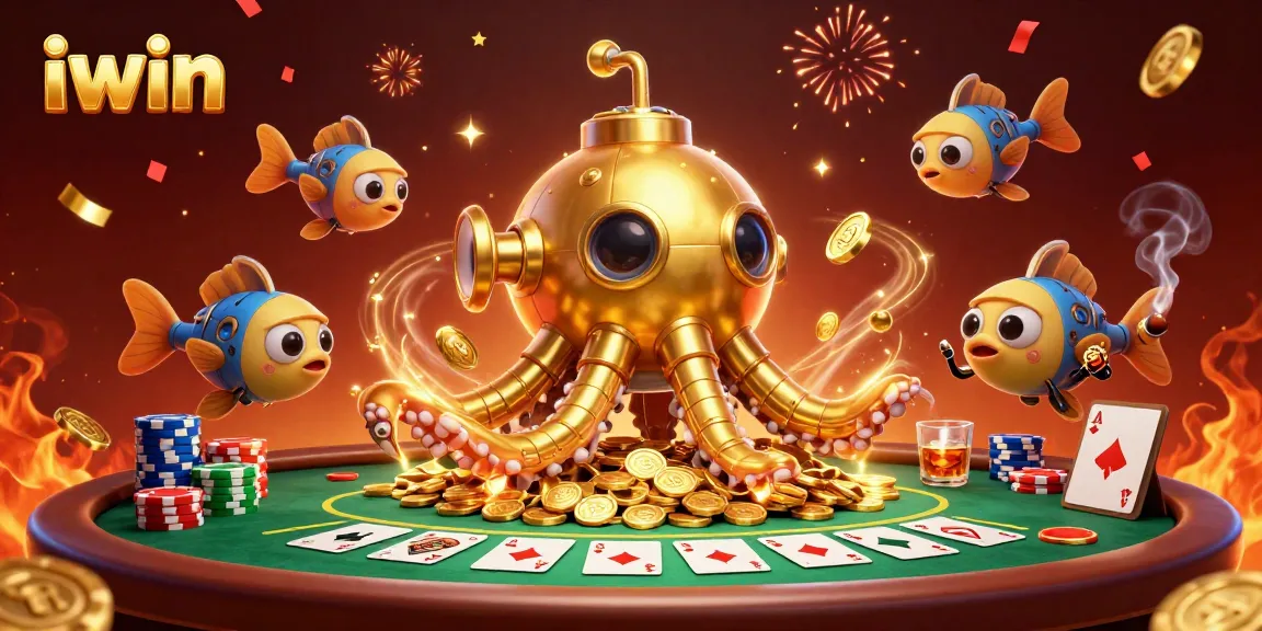 Experience thrilling gameplay with iwin at a dynamic poker scene, featuring a golden kraken submarine.