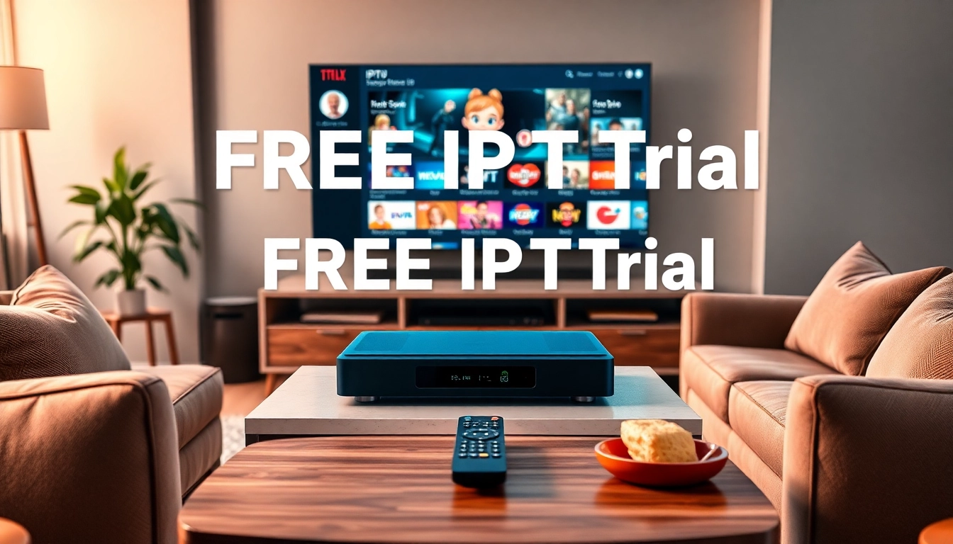 Join a FREE IPTV Trial with an inviting setup featuring vibrant channels on a TV screen.
