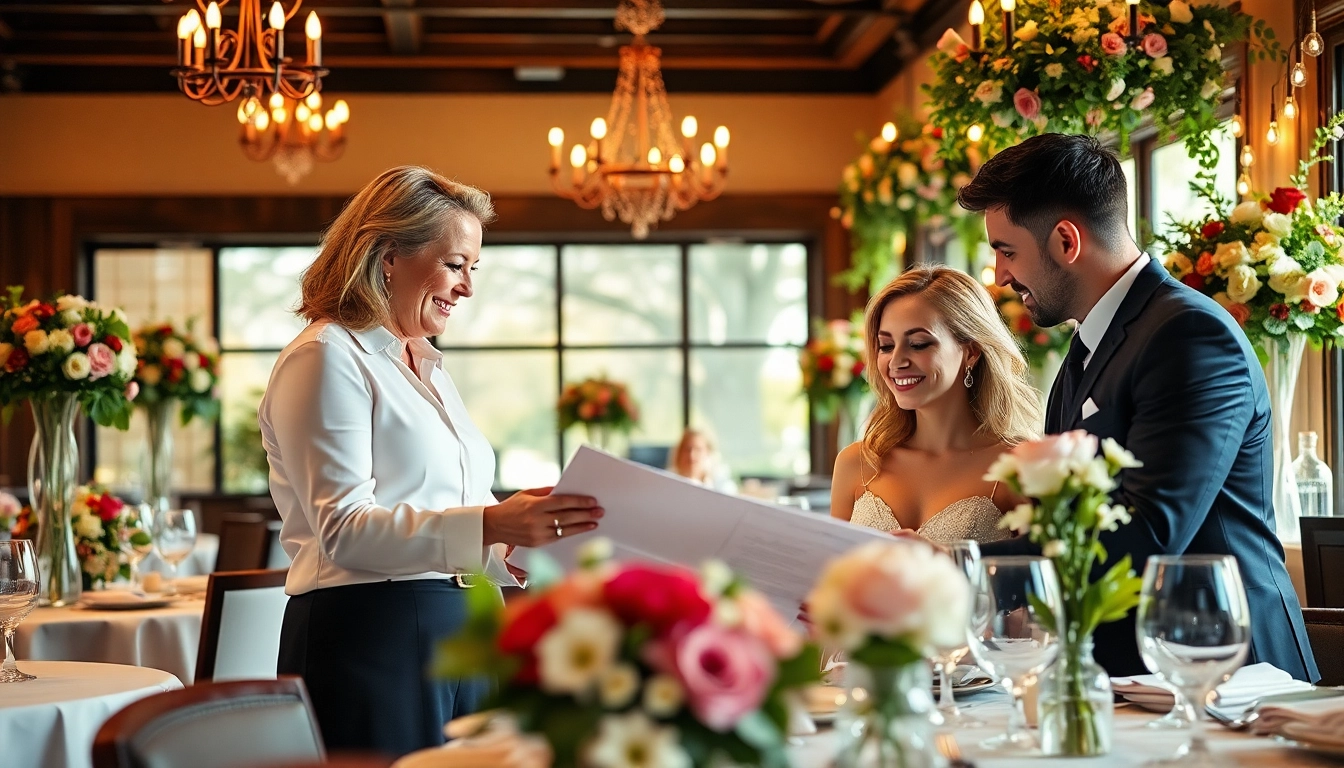 Washington dc wedding coordinator discussing plans with a couple in a stylish café setting.