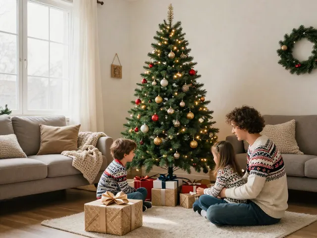 Family decorating a tall skinny Christmas tree in a cozy living room.