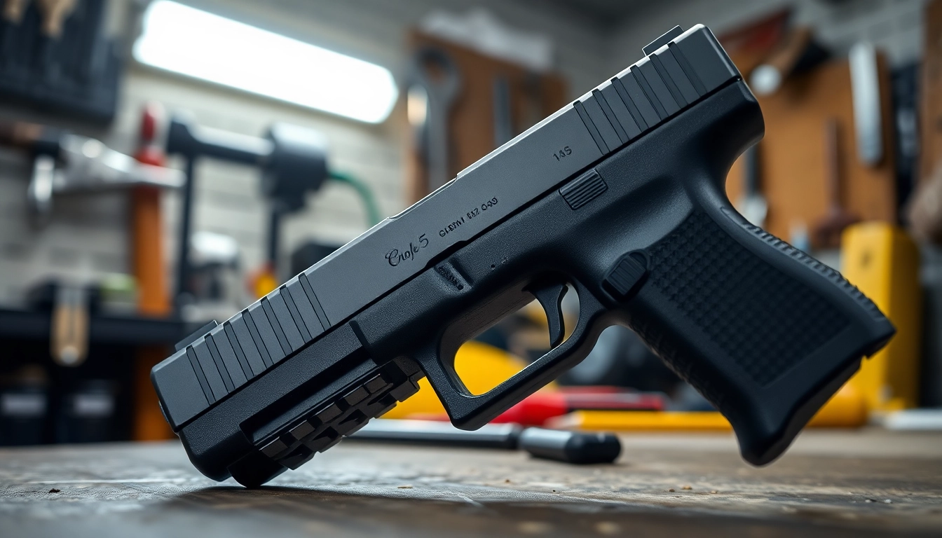 Showcasing the glock 17 gen 5 slide in a workshop, highlighting its intricate design and metallic finish.
