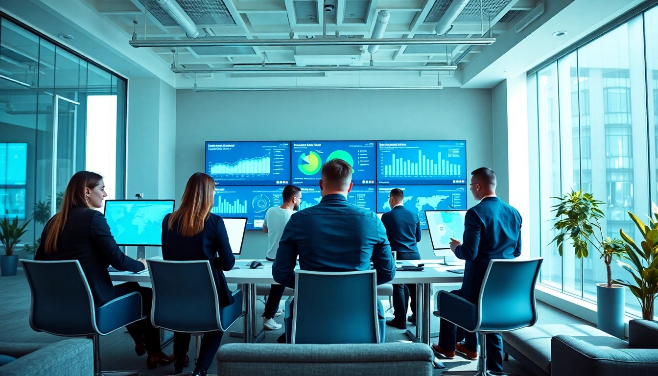 Engaged team at a digital marketing agency Australia analyzing strategies and data in a modern office.