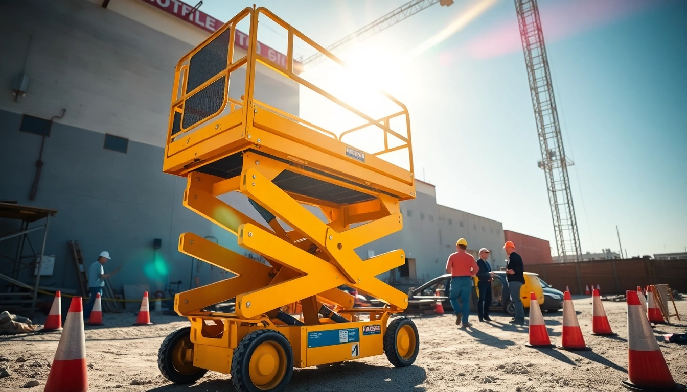 Workers using a scissor lift to reach high construction areas while ensuring safety.
