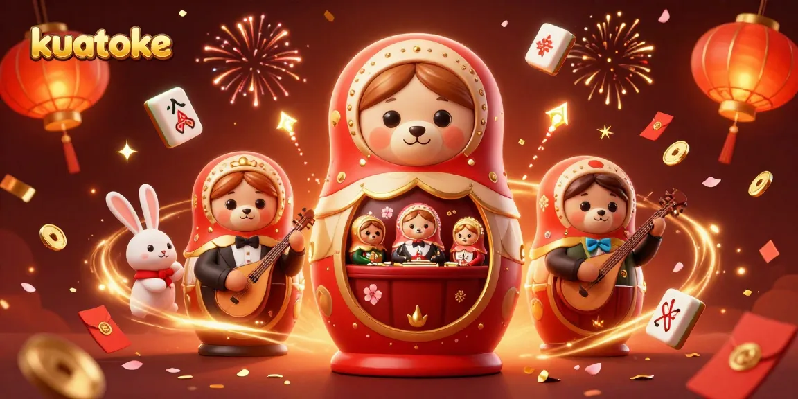 Kuatoke showcases a festive 3D casino scene with charming characters and vibrant gambling elements.