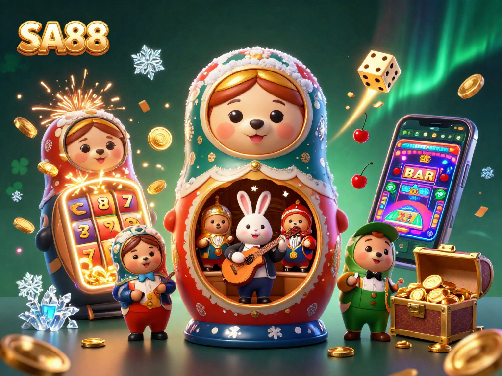 Experience the excitement of SA88 with dynamic casino elements and colorful characters in this vibrant illustration.