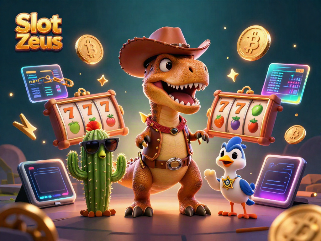 Slot Zeus menghadirkan suasana kasino dengan T-Rex, kaktus dan roadrunner bertema slot yang menarik.