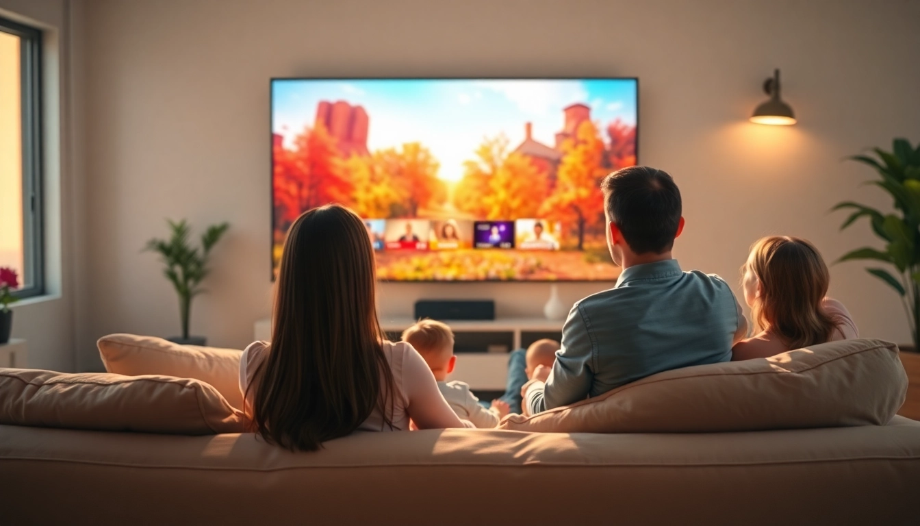 Experience IPTV Free Trial No card in a modern living room with a family watching TV.