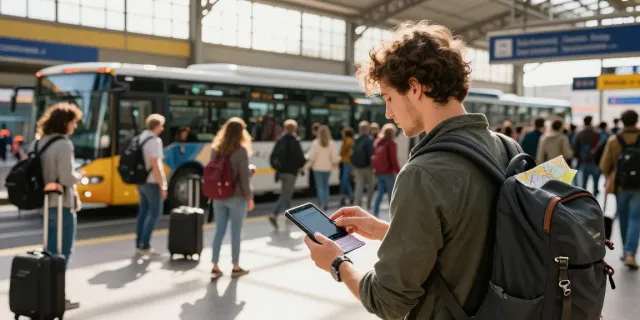 Перевозки из Молдовы в Люксембург в международном автобусном терминале с множеством туристов.