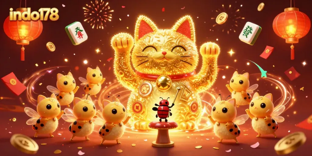 Experience festive gameplay with indo178's Flashtival, featuring golden fireflies and vibrant casino symbols.
