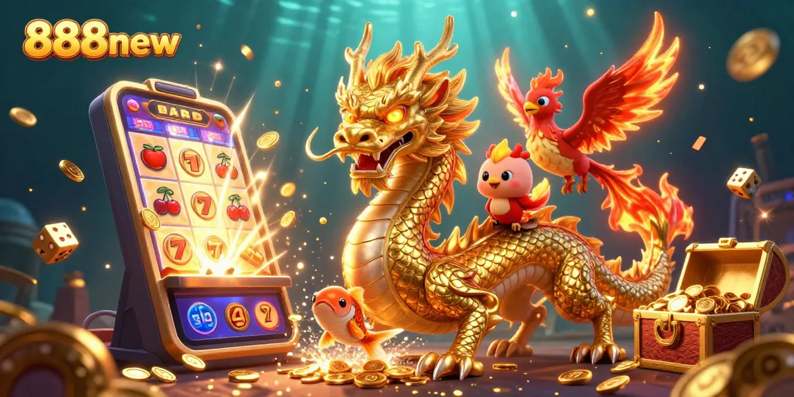 Explore exciting casino games with 888new's dazzling 3D dragon, phoenix, and koi illustration.