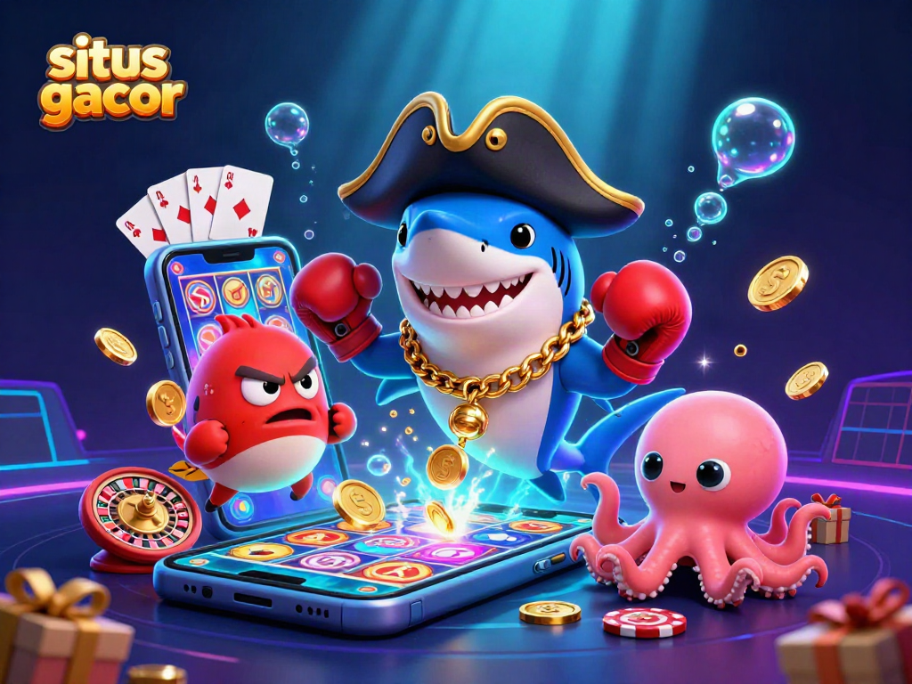 Engage with situs gacor excitement through a dynamic underwater casino scene featuring 3D characters and game elements.