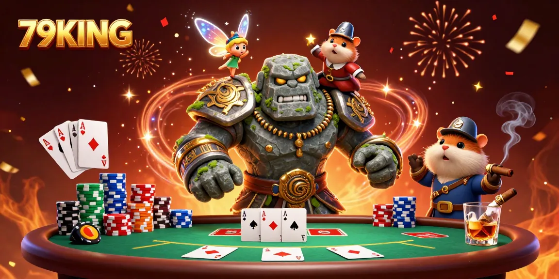 Engage with 79KING's vibrant casino scene featuring a lively golem guardian and poker elements.