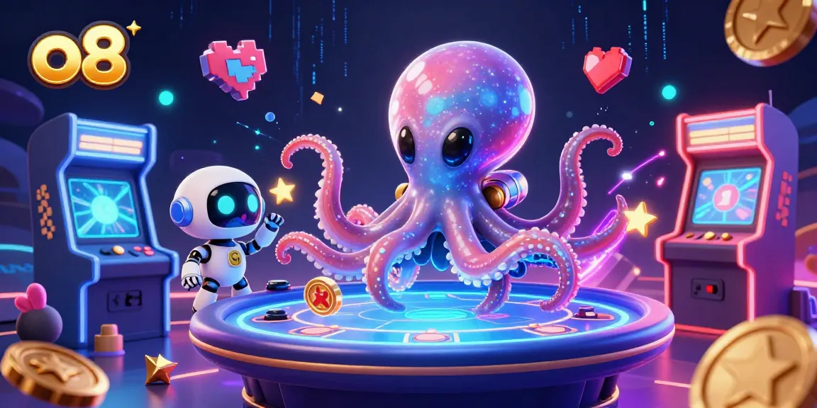 Join the alien octopus at the o8 poker table surrounded by vibrant gaming elements and casino excitement.