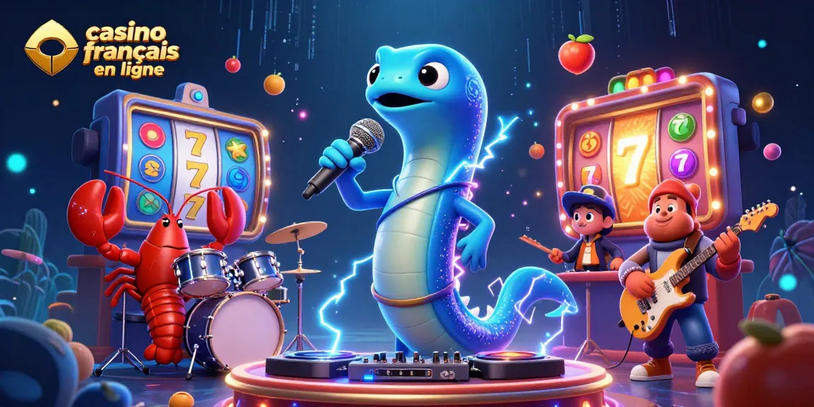 Célébrez l'excitation du casino français en ligne avec une illustration d'un electric eel DJ entouré de membres de groupe, ajoutant du fun à chaque partie.