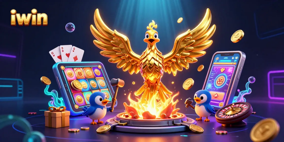 Experience thrilling wins with iwin as the golden phoenix emerges amidst spinning slots and poker cards.