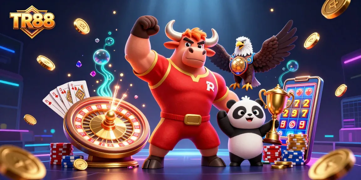 Experience the excitement of TR88 with a vibrant 3D casino scene featuring animated characters.