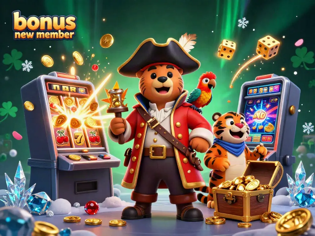Engage with the thrilling bonus new member promotions in this vibrant casino scene featuring 3D pirate and tiger.