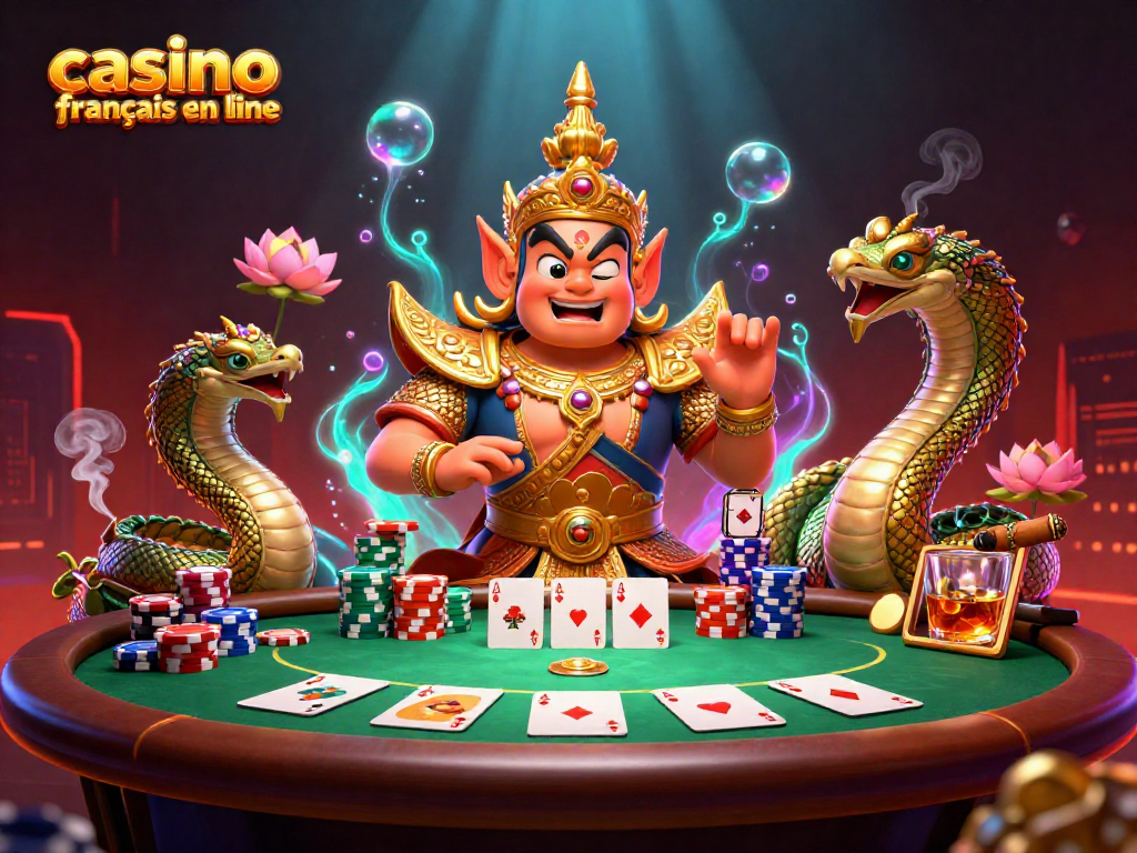 Illustration de casino francais en ligne avec un gardien en armure dorée, entouré de serpents Naga et d'éléments de poker.