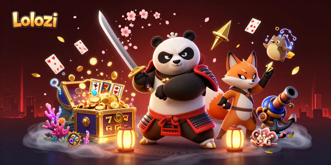 Lolozi casino illustration with a heroic samurai panda, ninja fox, and magical tanuki amidst vibrant gaming elements.