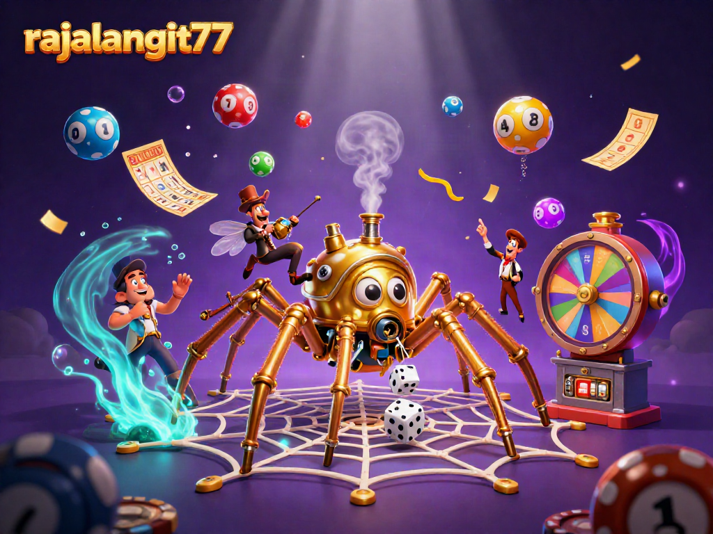 Gambaran menarik dengan rajalangit77 menampilkan laba-laba steampunk dan elemen jackpot.