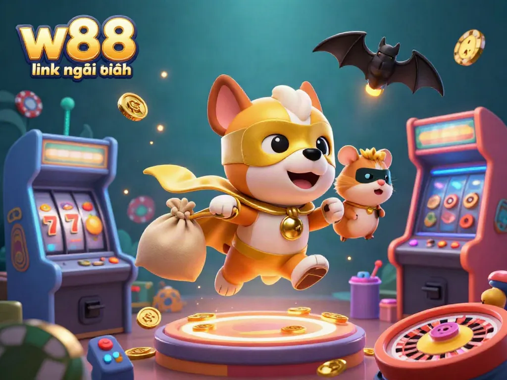 Uncover w88 link mới nhất with a vibrant 3D casino scene showcasing a superhero dog and gaming elements.