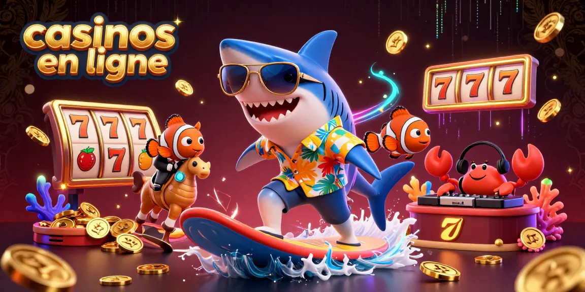 Visualiser des casinos en ligne avec des éléments de machines à sous et personnages de requin dans une scène dynamique.