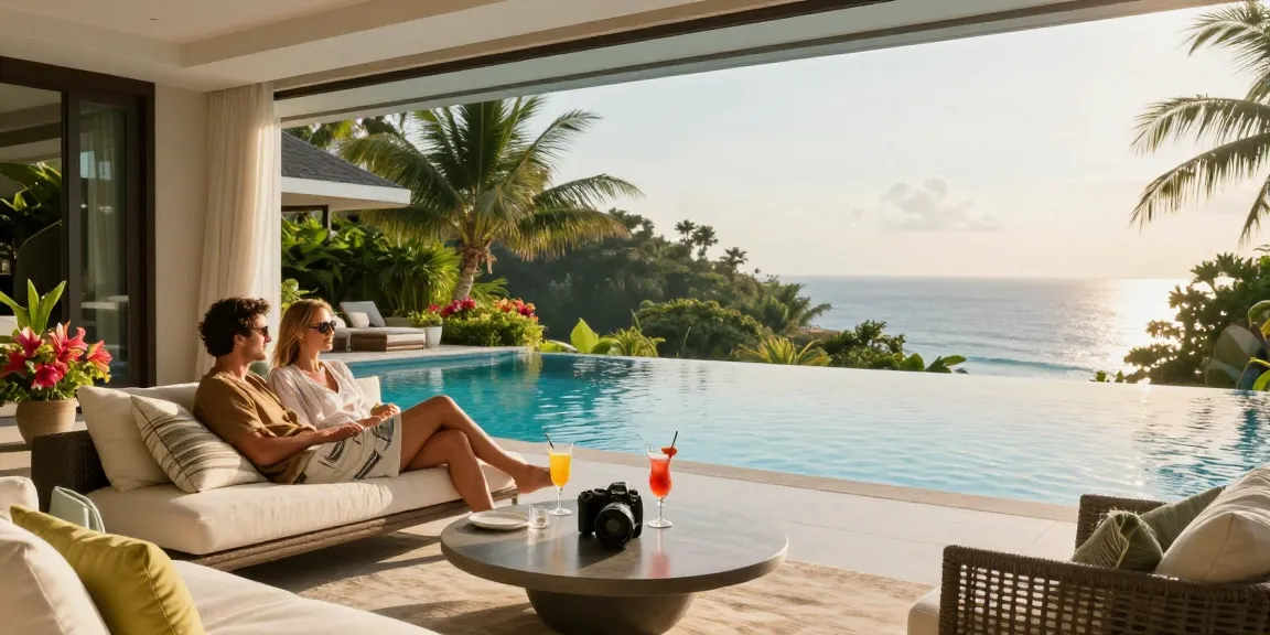 Pengalaman hidup mewah dengan luxury111 di villa, pasangan santai di tepi kolam renang.