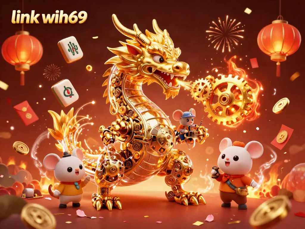 Mainkan game dengan link wih69, dikelilingi naga emas mekanis dan elemen permainan menarik.