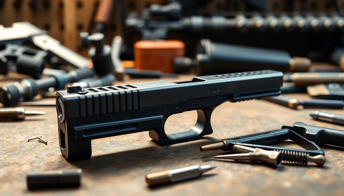 Showcase OEM Glock slide on workbench emphasizing quality and craftsmanship.