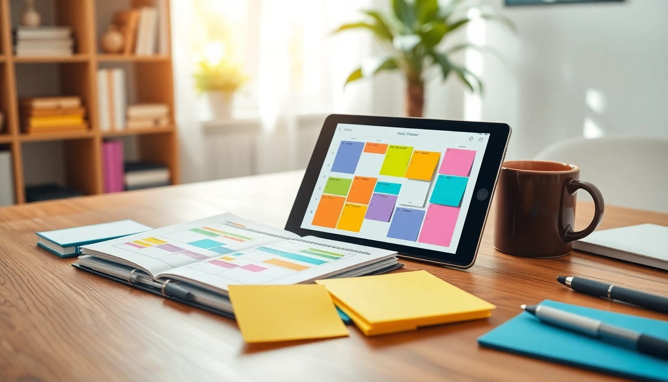 Get Your Free Planner Preview displayed on a digital tablet among office supplies and vibrant sticky notes.