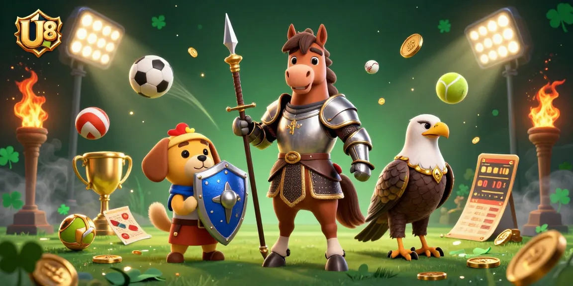 Experience the excitement of U888 with dynamic sports betting action and colorful characters in a vibrant casino illustration.