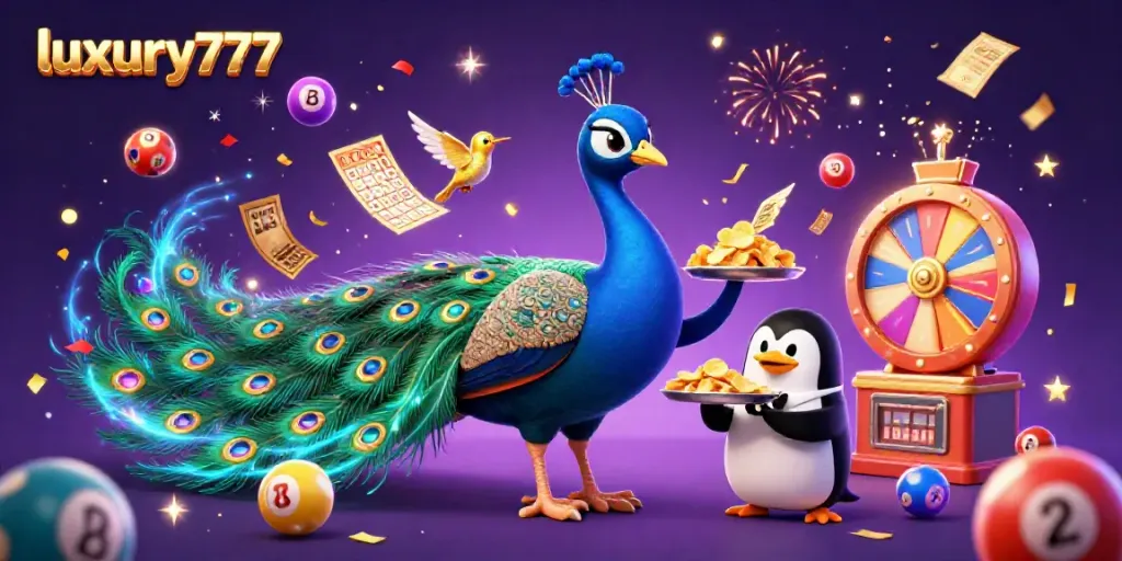 Experience thrilling wins with luxury777 in a vibrant casino scene filled with colorful lottery balls, confetti, and magical energy.