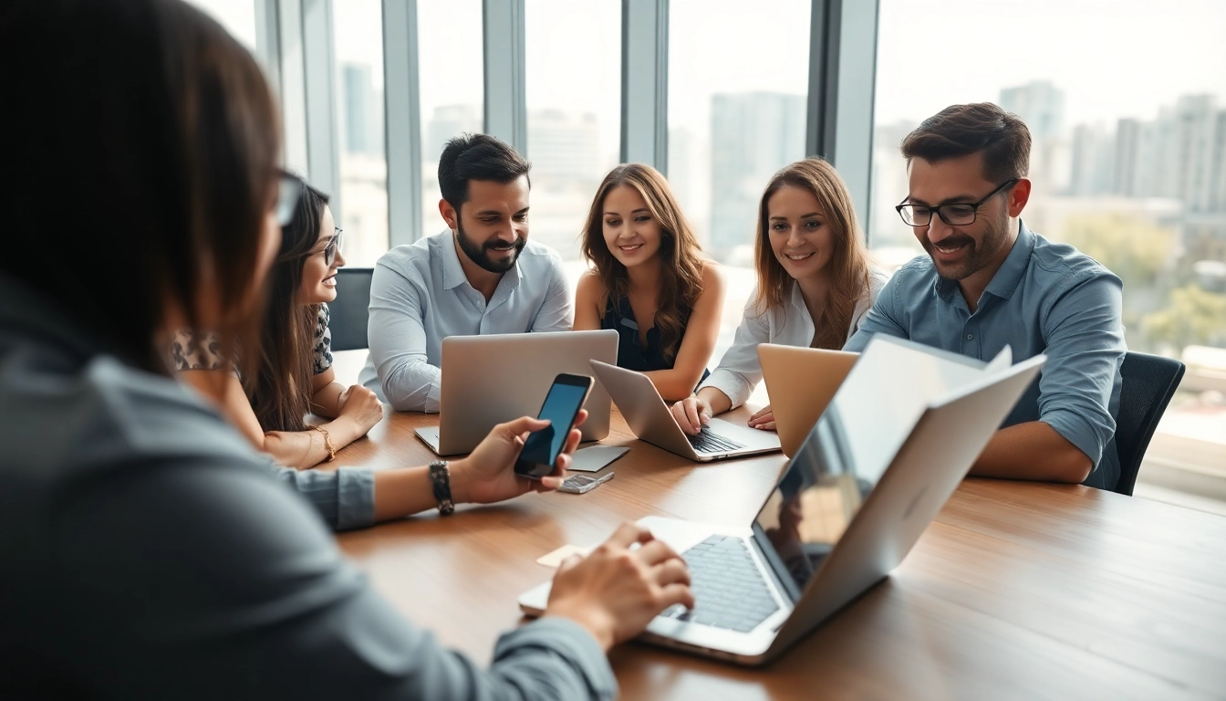 Enhancing business mobile services through team collaboration and strategy in a bright office.