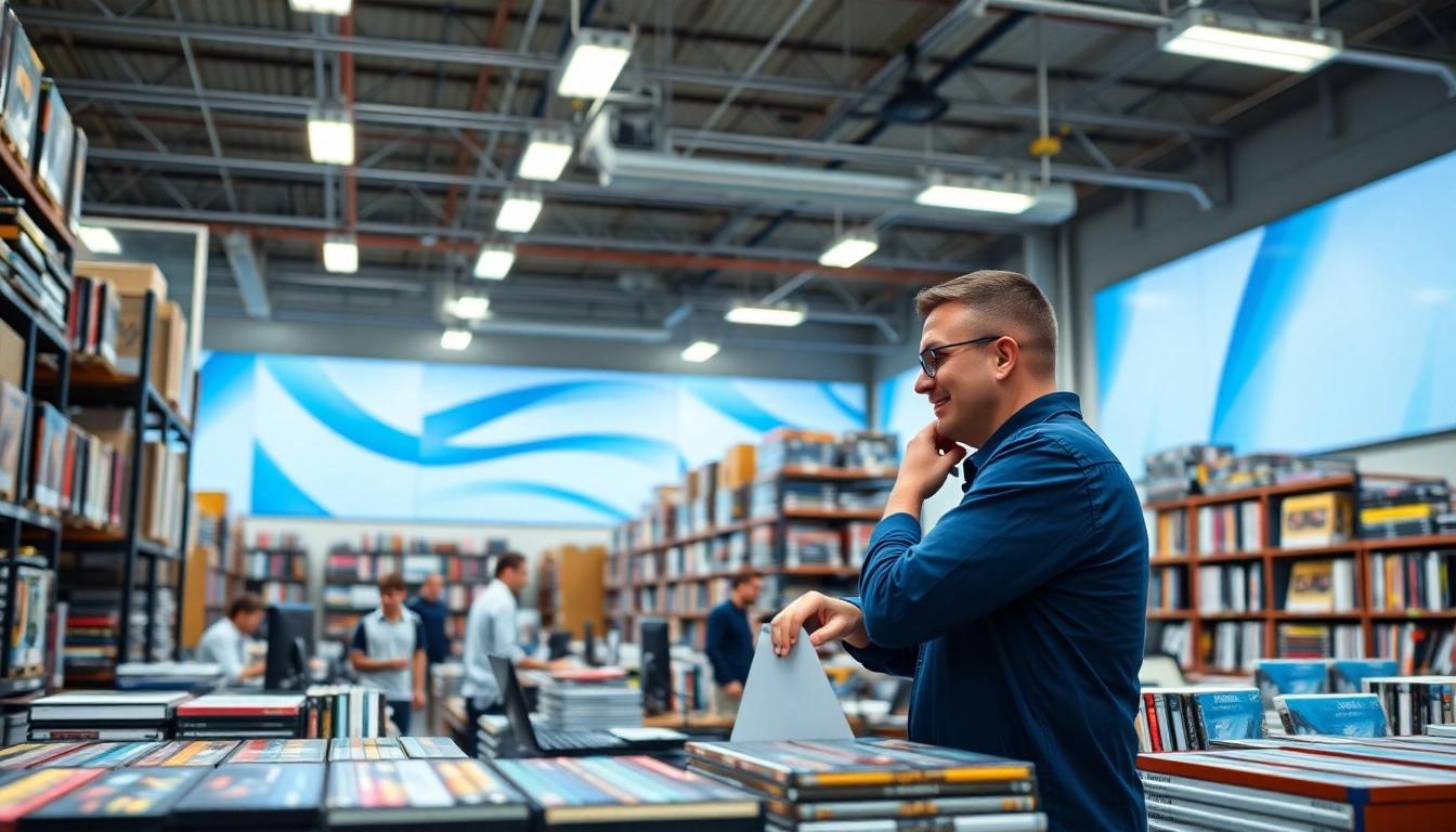 Engaging DVD distributor showcasing a modern workspace with diverse titles available.