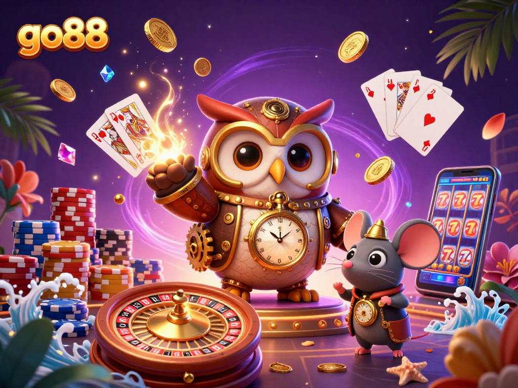 Experience thrilling gameplay with go88 in this vibrant 3D casino illustration featuring steampunk elements.