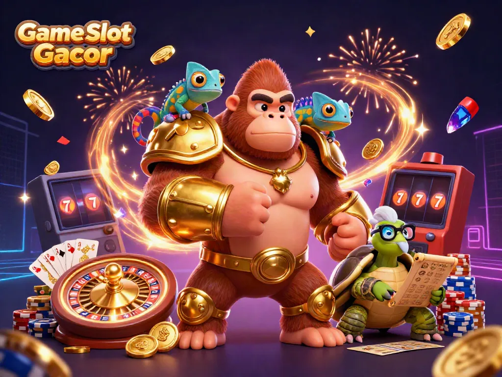 Menangkan Game Slot Gacor dengan gorila raja yang berani dan teman-teman kasino yang berwarna-warni.