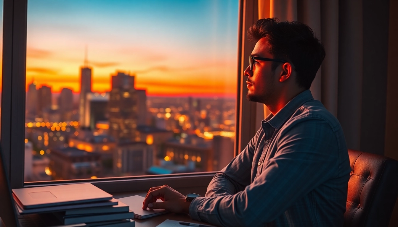 Contemplating the Ideal career while gazing out at a sunset city skyline.