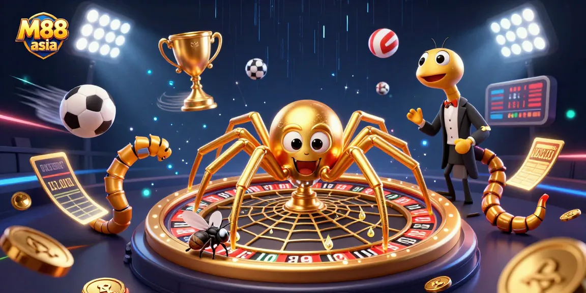 Engage with thrilling bets at M88 asia while a golden spider spins a roulette web in vibrant 3D art.