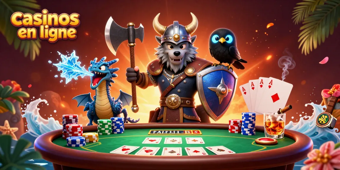Casinos en ligne : Illustration d'un guerrier loup viking au poker avec dragon et corbeau.