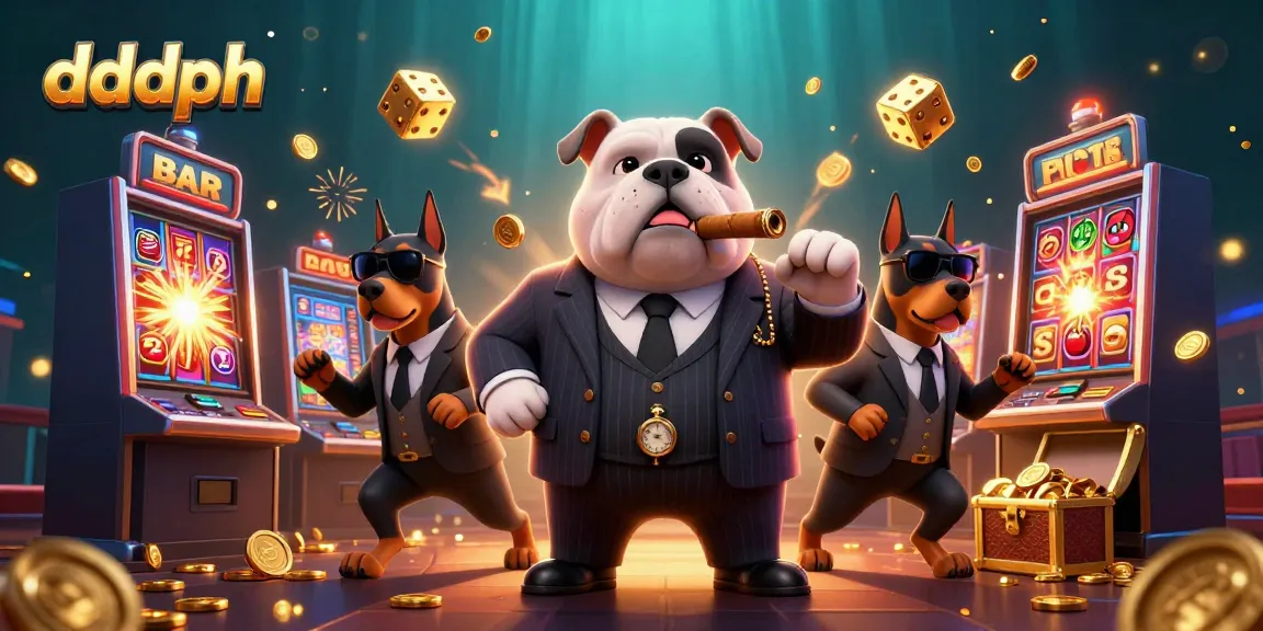 Engage with exciting dddph casino action featuring a mafia boss bulldog amid slot machines and winnings.