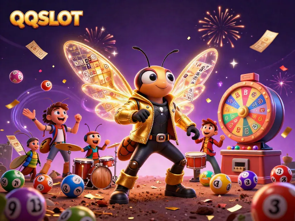 Experience the excitement of QQSLOT with a dynamic casino scene featuring vibrant characters and lottery elements.