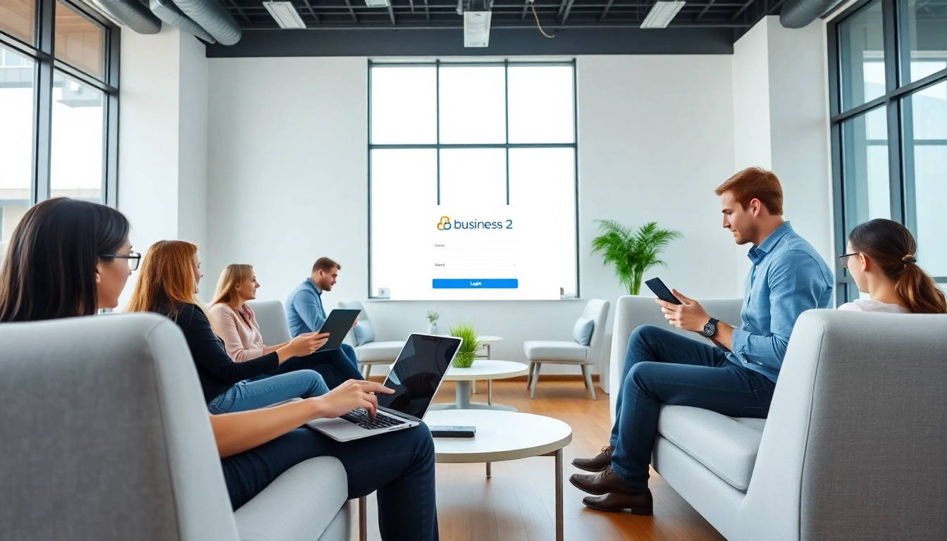 Efficient teams using business o2 login in a modern office setting with collaborative energy.