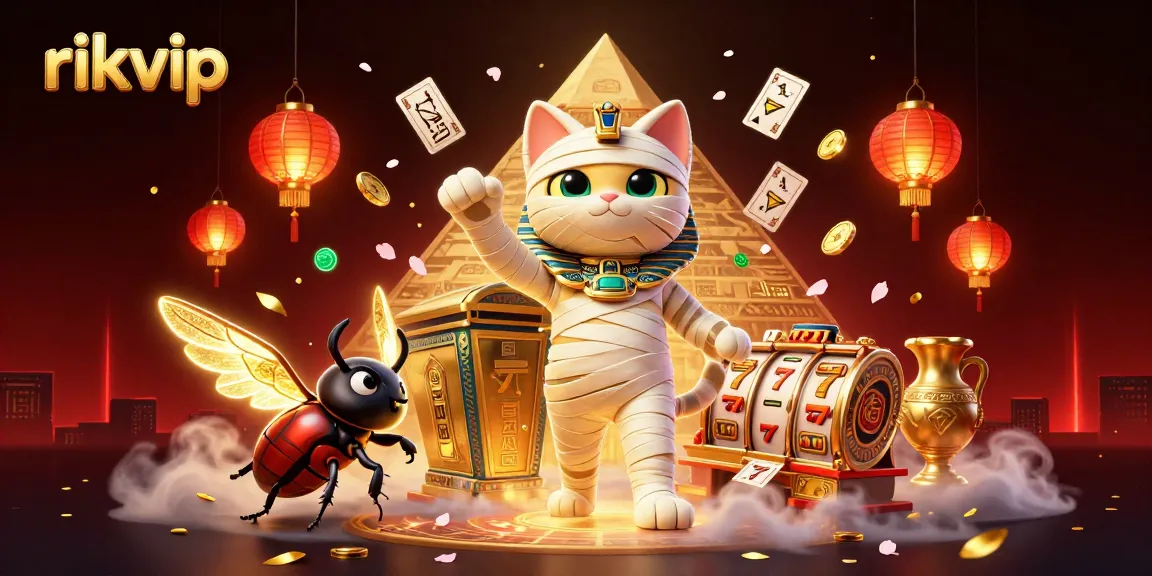 Engage with rikvip's amazing casinos featuring an Egyptian mummy cat and vibrant gaming elements.