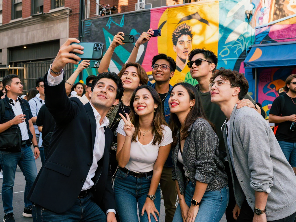 Friends posing with their look alikes of famous people in a colorful urban setting.