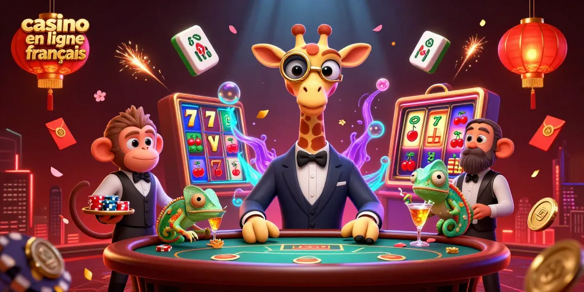 Dans un casino en ligne français, une girafe en costume joue au poker entourée de jetons et de lanternes.