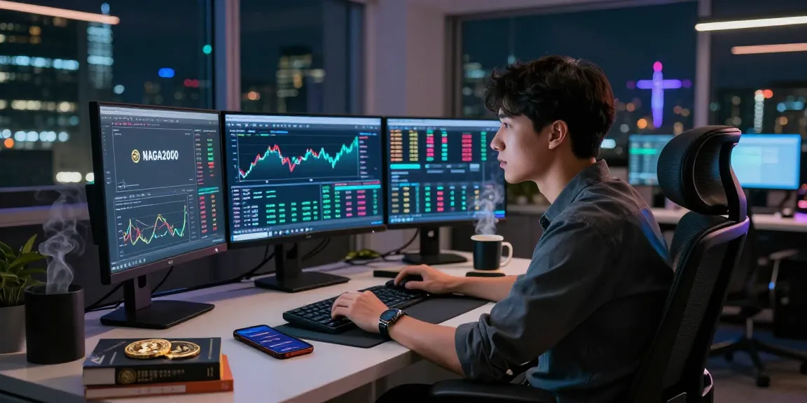 Trader analyzing NAGA2000 market data in modern office with glowing screens